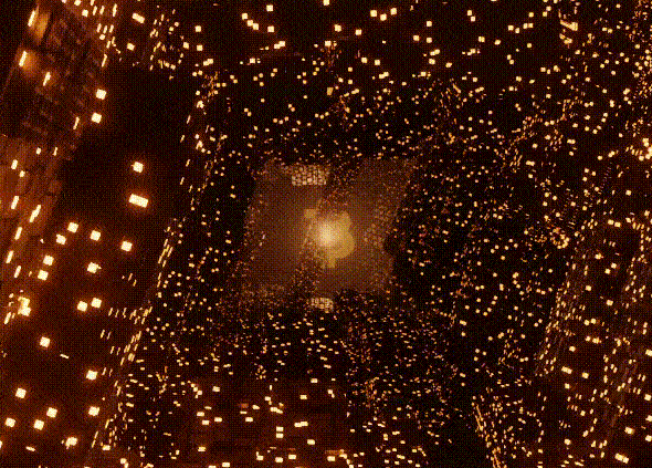 blender animation of spinning block columns of black and orange, with a glowing B at the center, and a new column coming out of the B periodically