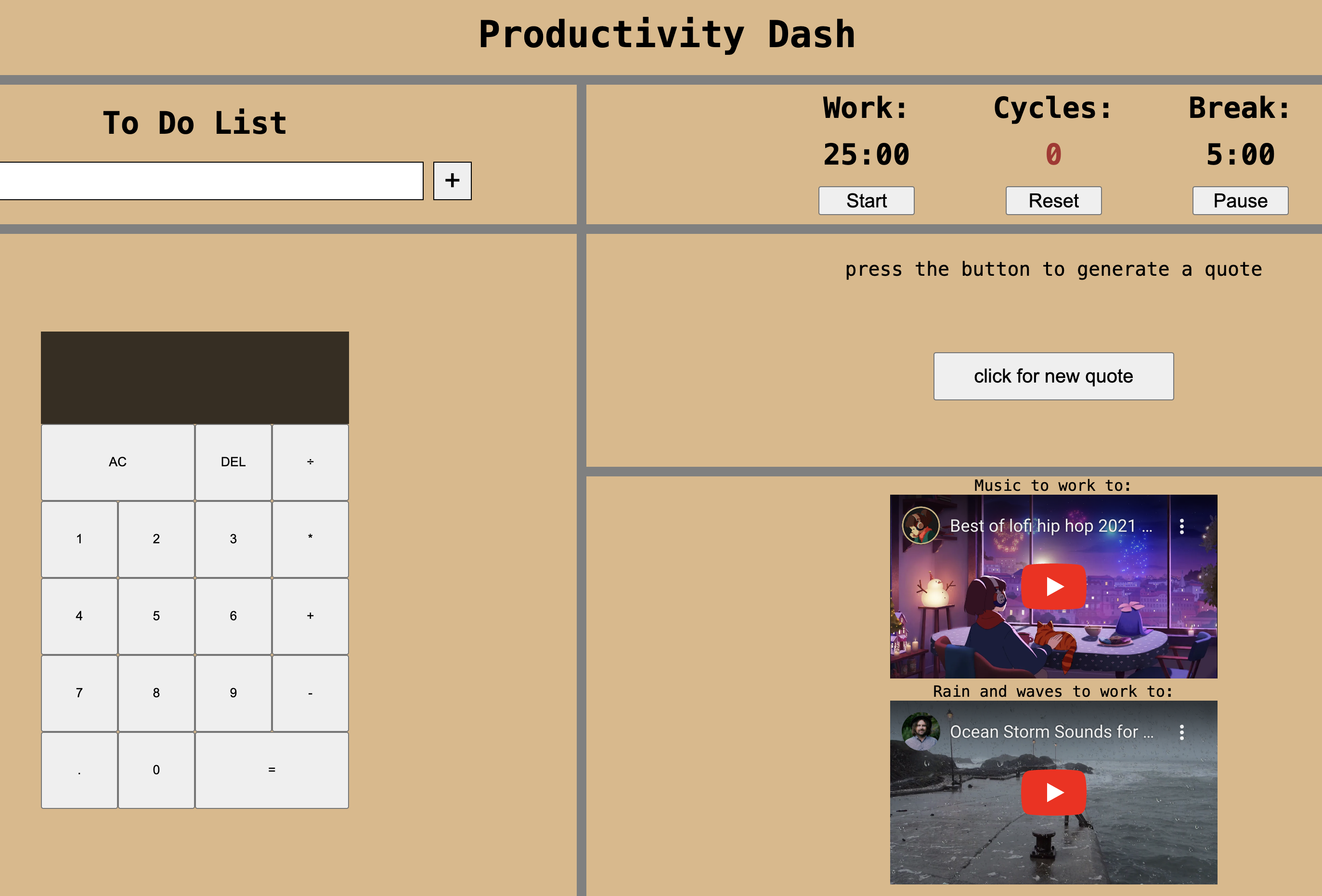 screenshot of productivity dash website